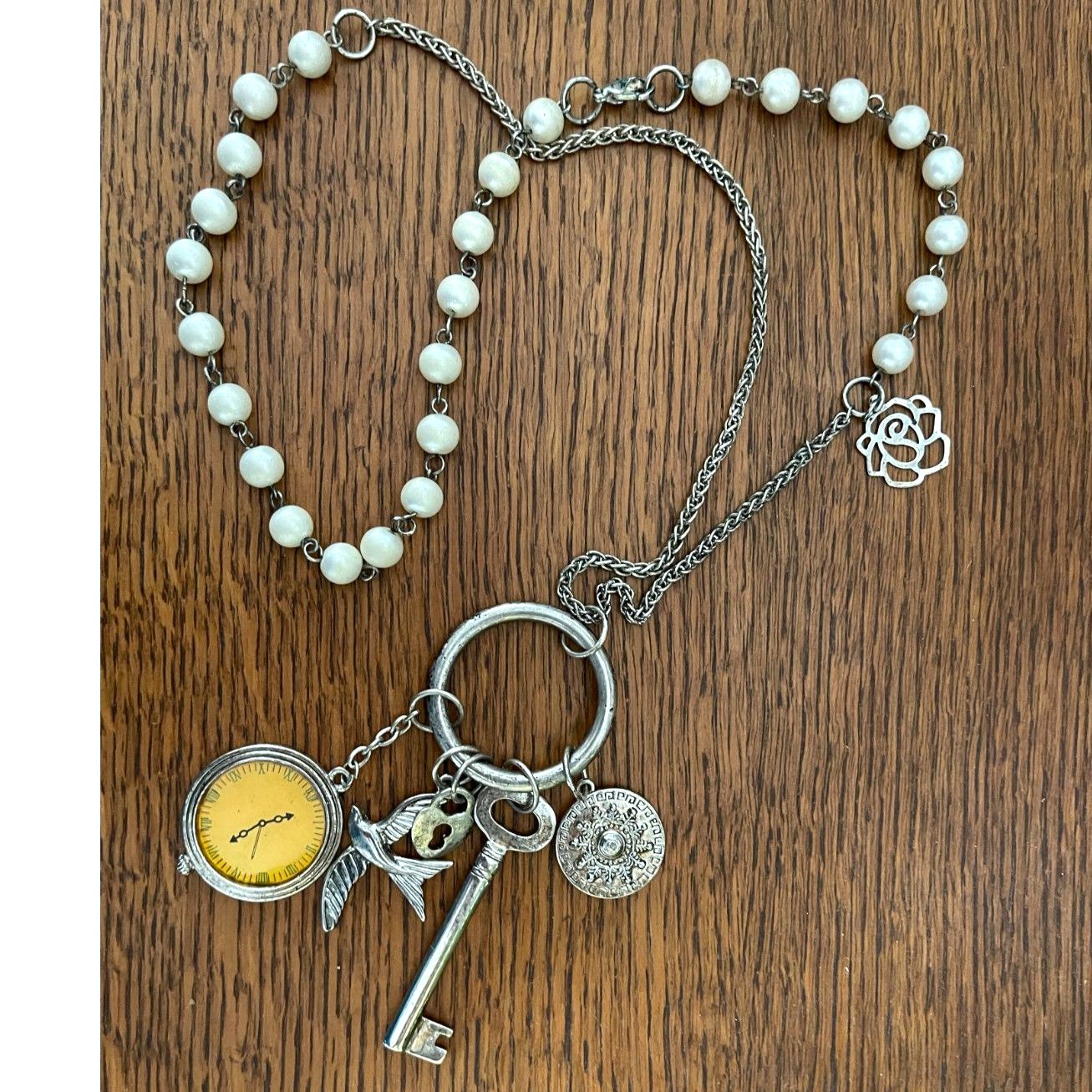 Vintage Key Necklace Pearl Charms Layered Bird Flower Timepiece Watch 26"